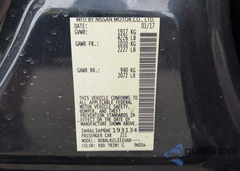 2017 Nissan Altima 2.5 Sl z USA, uszkodzony, nr VIN 1N4AL3AP6HC193134